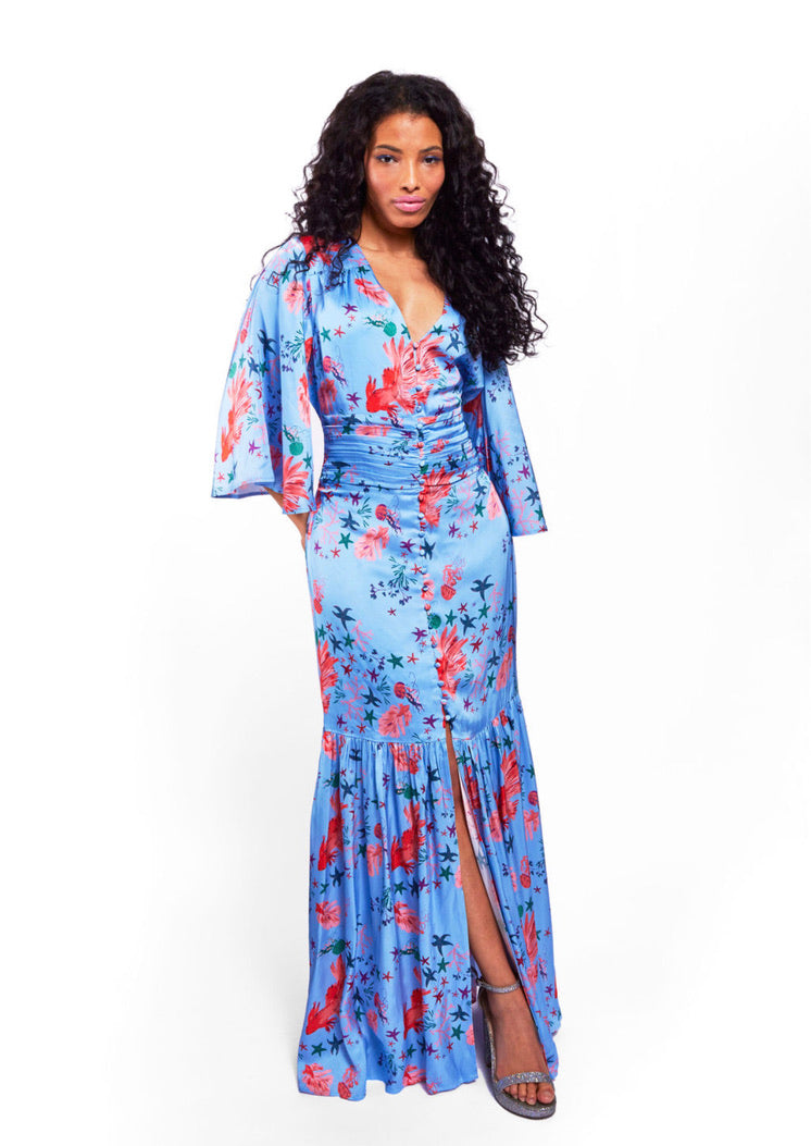 Carmen Dress Blue Fish Print